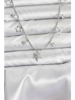 Bazarhane Pirinç Gümüş Renk Zirkon Taşlı Kutup Yıldızı Model Kadın Kolye