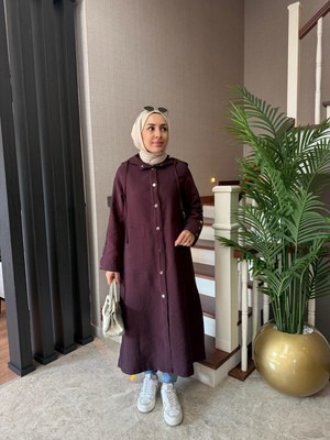Moda Cupra Kumaş Çıtçıtlı Kapüşonlu Giy-Çık Kap 120 cm Tesettür Kap Haki & Mürdüm Günlük Şık Kap