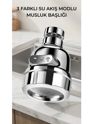 AyrStore Buğz 3 Fonksiyonlu Krom Su Tasarruflu Döner Musluk Ucu Mutfak Banyo Aparatı