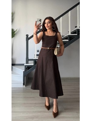 Elisin Acı Kahve Kemerli Kare Yaka Denim Elbise