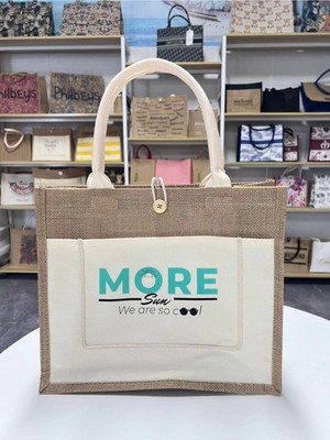 AyrStore Buğz Sertifikalı Organik Jüt Keten Plaj Alışveriş Taşıma Çantası