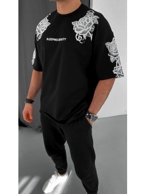 Tarz Yeri Flok Kabartma Baskılı T-Shirt - Siyah