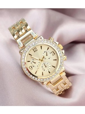 AyrStore Buğz Zarif ve Şık Özel Tasarım Zirkon Taşlı Metal Bayan Kol Saati (Gold)