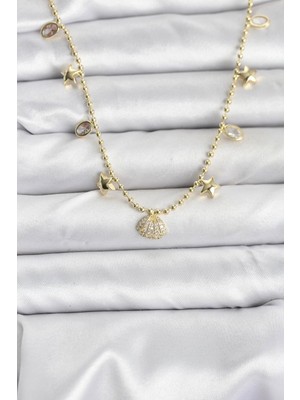 AyrStore Buğz Pirinç Gold Renk Zirkon Taşlı Deniz Kabuğu Model Kadın Kolye