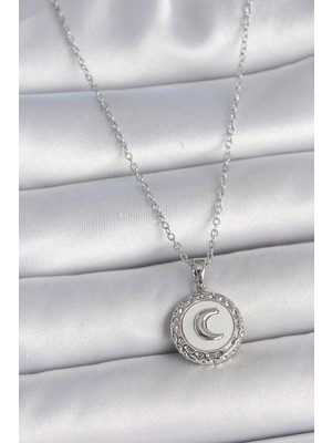 AyrStore Buğz 316L Çelik Gümüş Renk Zincir Beyaz Mineli Hilal Işlemeli Madalyon Model Kadın Kolye