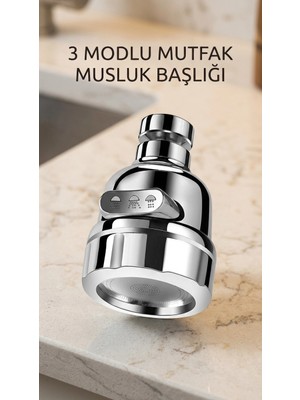 AyrStore Buğz Krom Döner Musluk Ucu 3 Fonksiyonlu Su Tasarruflu Aparat Lavabo