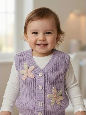 Mihrumay Kız Bebek Çiçek Motifli Triko Yelek