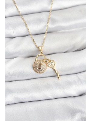 Bazarhane 316L Çelik Zincir Gold Renk Kilit Anahtar Model Zirkon Taşlı Kadın Kolye