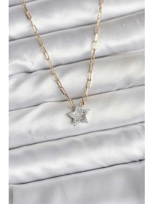 AyrStore Buğz Pirinç Gold Renk Zincirli Zirkon Taşlı Minimal Yıldız Model Kadın Kolye