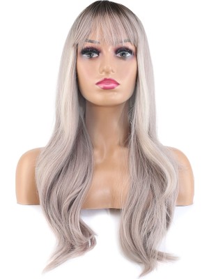 Kaia Life Doğal Dalgalı Perçemli Fiber Sen Uzun Boy Peruk / Koyu Kumral / Açık Rus Kumralı Ombre ve Röfleli