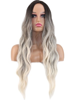 Kaia Life Uzun Su Dalgası Fiber Sen Peruk / Küllü Kumral / Beyaz Platin Ombre