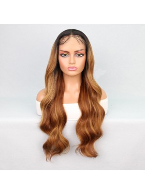 Kaia Life Siyah Karamel Balköpüğü Ombre Fiber Sen Geniş Dalgalı Tül Peruk