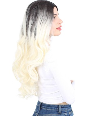 Kaia Life Yoğun Dalgalı Fiber Sen Uzun Perçemsiz Peruk / Küllü Siyah / Platin Ombreli