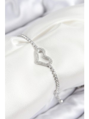 AyrStore Buğz Pirinç Zirkon Taşlı Kalp Model Gümüş Renk Asansörlü Kadın Bileklik