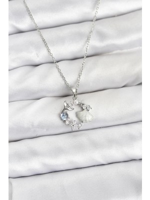 AyrStore Buğz 316L Çelik Zincir Gümüş Renk Deniz Tema Model Zirkon Taşlı Kadın Kolye