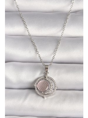 AyrStore Buğz 316L Çelik Gümüş Renk Zirkon Taşlı Pembe Sedefli Hilal Model Kadın Kolye