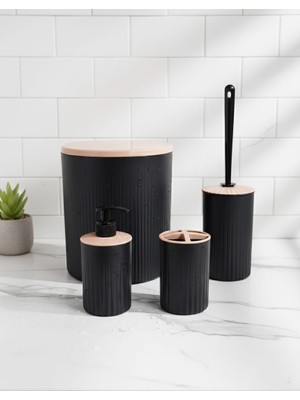 Veyla Style Siyah 4'lü Banyo Seti-Çöp Kovası-Sıvı Sabunluk-Diş Fırçalık-Wc Fırçası