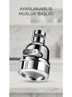 AyrStore Buğz 3 Fonksiyonlu Krom Su Tasarruflu Döner Musluk Başlığı Mutfak Banyo Aparatı