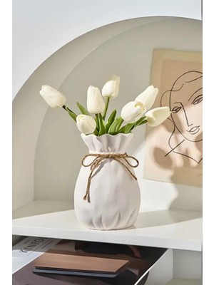 Day Home Kese Formlu Beyaz Seramik Vazo (Canlı Çiçek Uyumlu)