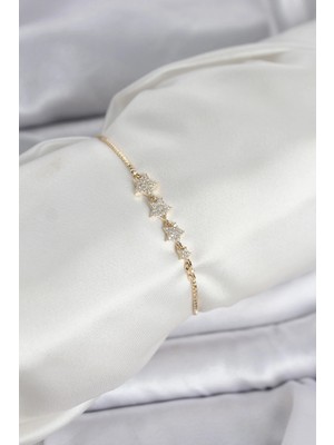 Bazarhane Gold Renk Zirkon Taşlı Yıldız Model Asansörlü Kadın Bileklik