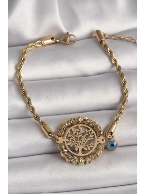 AyrStore Buğz 316L Çelik Gold Renk Burgu Zincir Model Dorika Yaşam Ağacı Figür Nazar Boncuk Detay Kadı