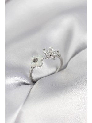 AyrStore Buğz Gümüş Renk Sedefli Çiçek Model Kadın Yüzük