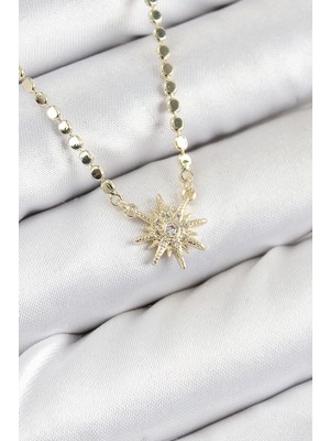 AyrStore Buğz Pirinç Zirkon Taşlı Kutup Yıldızı Model Ezme Zincir Gold Renk Kadın Kolye