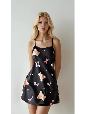 Marsilyan Luna Lora Teddy Satin Siyah Ince Askılı Ayıcık Desenli Saten Mini Gecelik