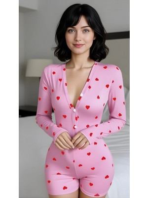 Marsilyan Luna Lora Pink Heart Dream Pamuklu Pembe Kalp Desenli Düğmeli Tulum Pijama