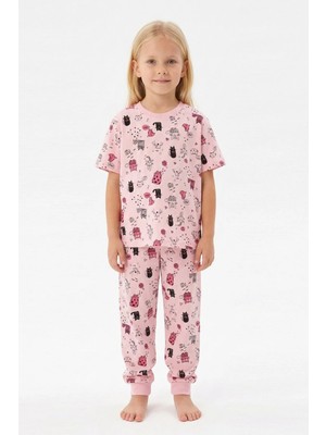 Bunny Hopp Kız Çocuk %100 Pamuk Süprem Pijama Takımı - Kısa Kollu Manşetli Yazlık Pijama - Pembe Kedi Desenli