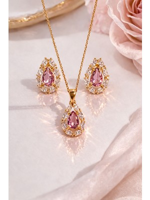 Siset Gümüş 925 Ayar  Rose  Kaplama Damla Ametist  Taşlı Ikili Gümüş Set