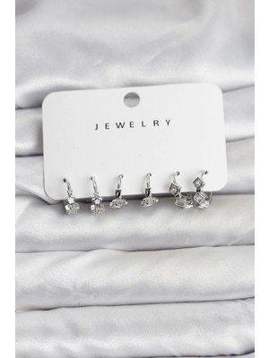 Bazarhane Gümüş Renk Pirinç Yıldız Modelli Kadın Küpe Seti