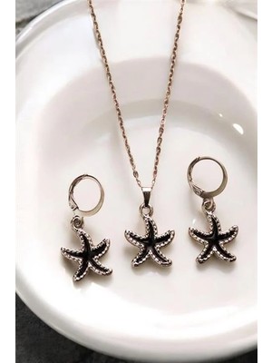Euromoda Siyah Deniz Yıldızı Tasarımlı Kolye Küpe Takı Seti