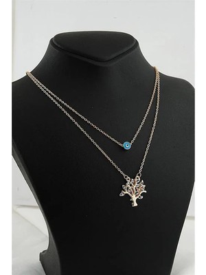 Euromoda Yaşam Ağacı Tasarımlı Nazar Figürlü Zirkon Taşlı Gold Renkli 2li Kolye