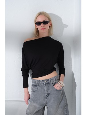 Maule Soft Touch Premium Yarasa Uzun Kollu Tek Omuz Kayık Yaka Örme  Kadın Tişört Bluz @marche