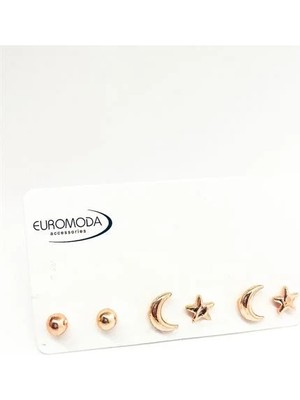 Euromoda Ay Yıldızlı Top Küpeli Rose Renkli Küpe Seti