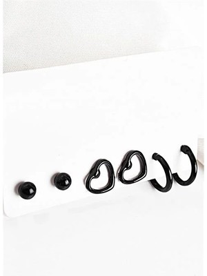 Euromoda Kalp Tasarımlı Top ve Halka Küpeli Siyah Renkli Küpe Seti