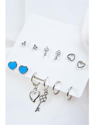 Euromoda Kalp ve Anahtar Tasarımlı Halka ve Top Küpeli 12LI Küpe Seti