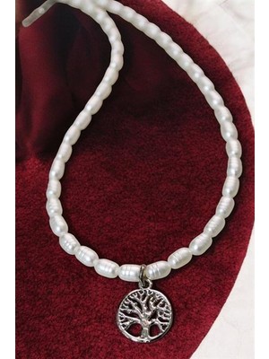 Euromoda Desenli Incili Yaşam Ağacı Tasarımlı Gümüş Kaplamalı Inci Kolye