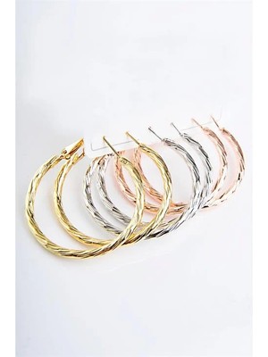 Euromoda Tırtıklı Halka Tasarımlı Gold Gümüş ve Rose Renk Sade Halka Set
