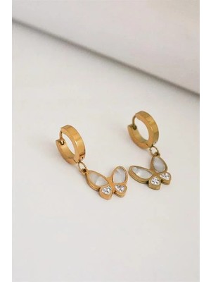 Euromoda Kelebek Tasarımlı Sedef Taşlı Gold ve Gümüş Kaplamalı Çelik Sallantılı Küpe