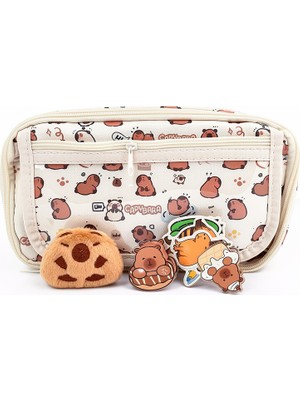 Gökyüzü Işığı Capybara Desenli Çok Bölmeli Kalemlik - Peluş Bir Broş - 5 Stickers -2 Klips Hediye