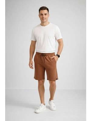 Marsilyan- Erkek Otoban Dokuma Şort Beli Lastikli Bağcıklı, Cepli, Rahat Kesim Günlük Yazlık Şort - Kahverengi