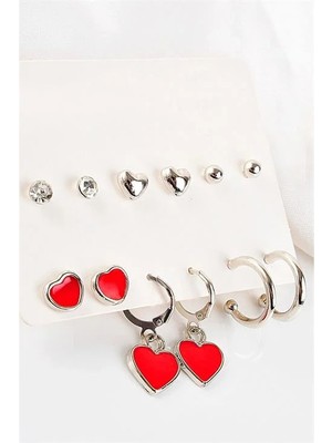 Euromoda Kalp Tasarımlı Halka ve Tektaşlı Top Küpeli 12LI Küpe Seti