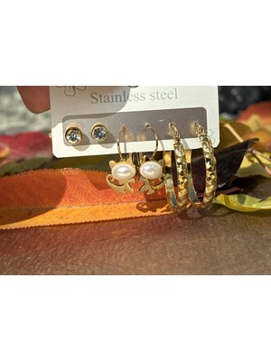 IRONMOON Altın Renk Kedi ve Inci Detaylı Çoklu (6'lı) Klipsili Çelik Küpe