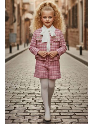 Riccotarz Kız Çocuk Kare Çizgi ve Gold Düğmeli Ceket, Fularlı Gömlek Ekose Detaylı Pembe Şanel Şortlu Takım