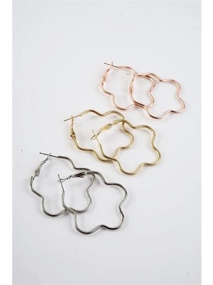 Euromoda Çiçek Tasarımlı Gold Gümüş ve Rose Renkleri 3'lü Küpe Seti