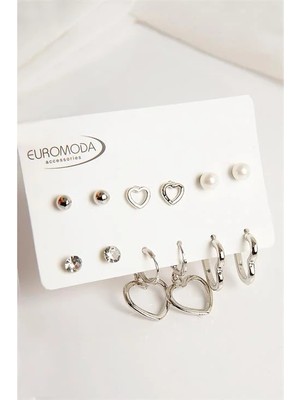 Euromoda Kalp Tasarımlı Tektaş Inci Top ve Halka Küpeli 6lı Küpe Seti