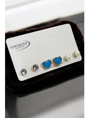 Euromoda Kalp Tasarımlı Tektaş ve Inci Küpeli 3lü Küpe Seti