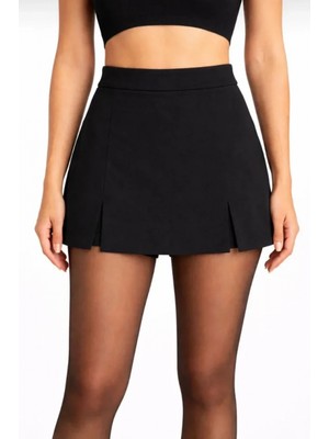 Marsilyan- Siyah Krep Kumaş Şortlu Etek Mini Boy Yırtmaç Detaylı Yüksek Bel Günlük Şık Tasarım - Siyah